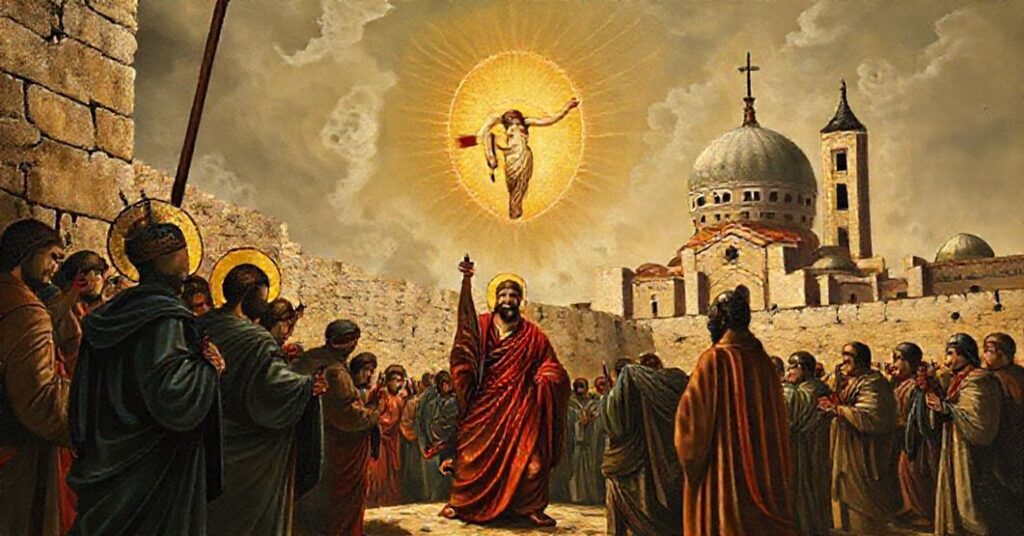 A reverent depiction of St. Stephen's martyrdom near the Damascus Gate in Jerusalem, with a vision of Christ and Saul (St. Paul) present, reflecting traditional Catholic iconography.