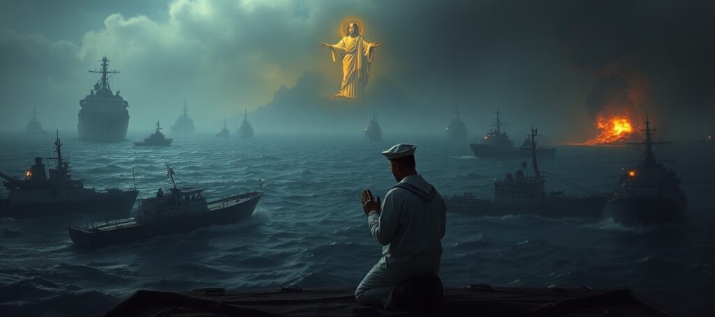 A dark and chaotic scene in the Strait of Hormuz with stranded cargo ships and military conflict, symbolizing the absence of Christ the King's reign.