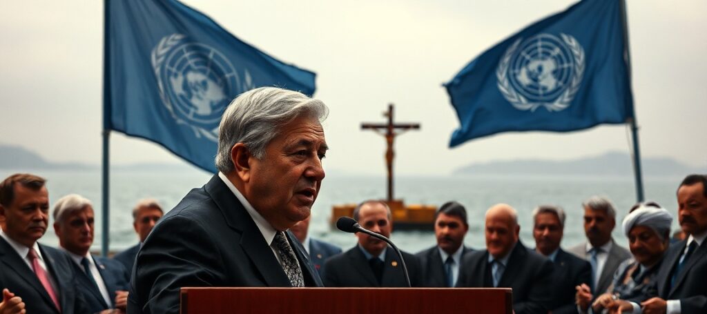 UN Secretary-General António Guterres addressing a global summit with world leaders in the background, set against the Strait of Hormuz, symbolizing the crisis of a world without Christ the King.