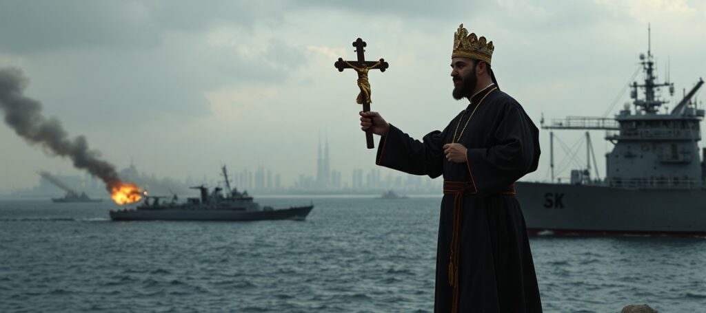 A solemn Catholic priest holding a crucifix in the foreground of a tense military standoff in the Strait of Hormuz, symbolizing the world's rejection of Christ the King.