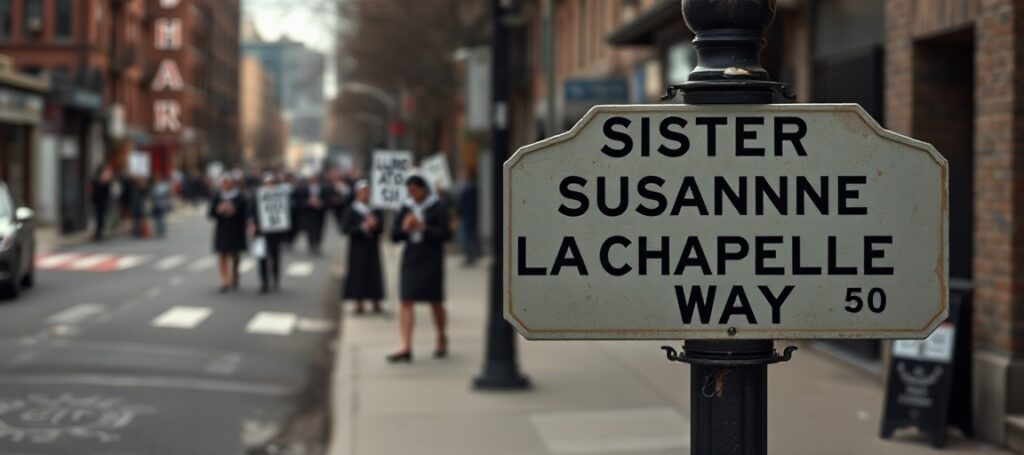 A street sign honoring Sister Susanne Lachapelle in East Harlem contrasts with traditional Catholic religious life.