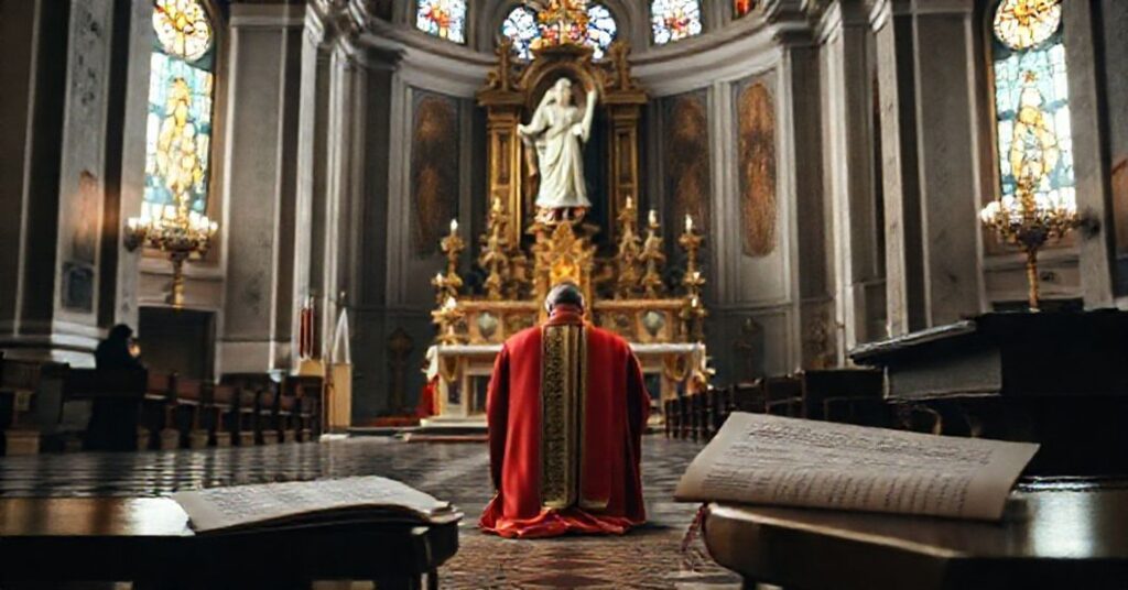 A traditional Catholic priest kneeling in prayer before an ornate altar in St. Peter's Basilica during the Feast of Christ the King, with a discarded modernist bureaucratic document symbolizing the subversion of Christ's Kingship.