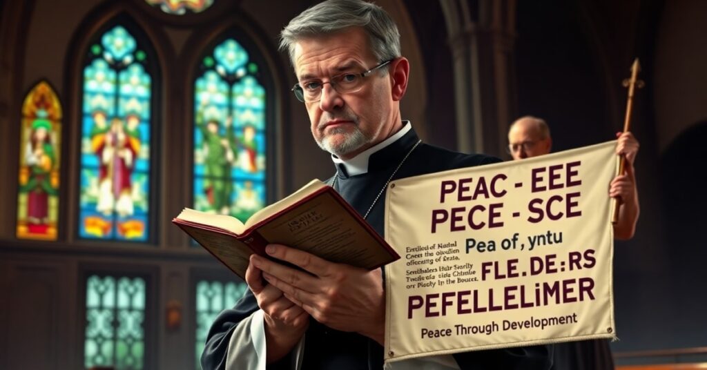 A solemn Catholic priest holding Isaiah 2:4 in a church, contrasting with a modernist figure promoting secular pacifism and environmentalism.