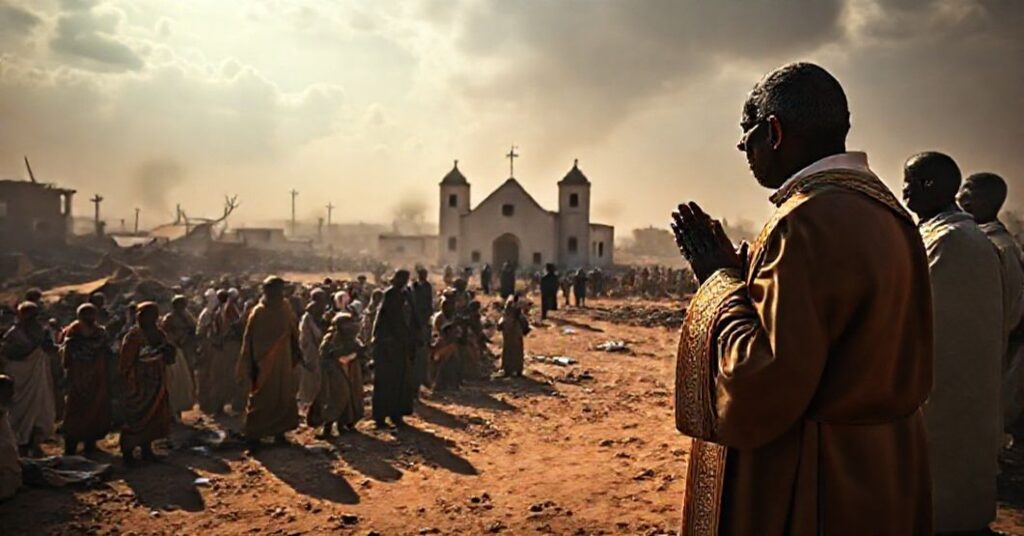A Catholic priest praying amidst the ruins of a church in Sudan's Kordofan region, symbolizing the persecution of Christians and the spiritual roots of conflict.