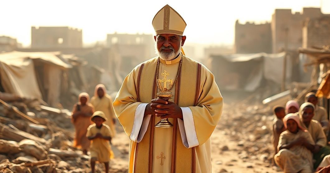 A Catholic priest holding the Blessed Sacrament amidst the ruins of a war-torn Sudanese town, offering spiritual solace to displaced families.
