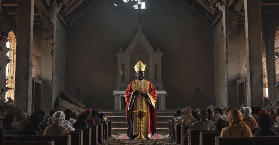 A traditional Catholic scene depicting a desolate Sudanese church in ruins with "Bishop" Yunan Tombe Trille Kuku Andali amidst displaced families.