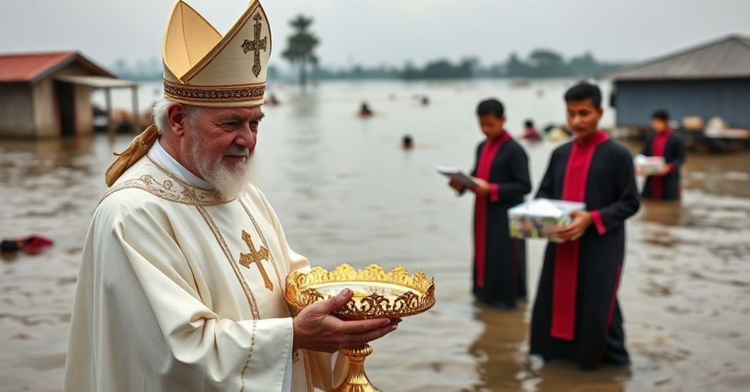 Sedevacantist Catholic priest holding the Blessed Sacrament amidst Sumatra flood relief efforts by conciliar sect.