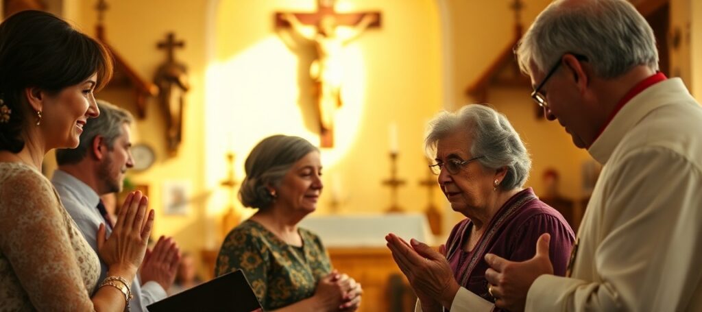 A Catholic family praying in a traditional chapel with a priest anointing an elderly widow, symbolizing the supernatural focus of true charity.