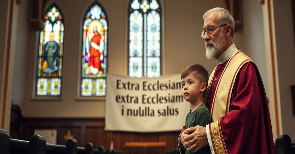 A priest and a boy with Down syndrome in a Catholic church, emphasizing the supernatural dignity and the necessity of the Church for salvation.