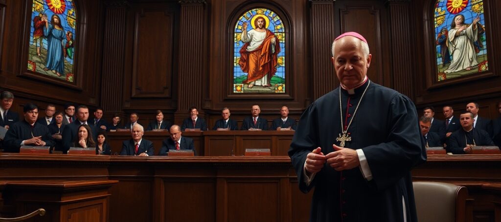 Supreme Court justices deliberating on migrant status with a Catholic bishop praying in the foreground, symbolizing divine law over secular power.
