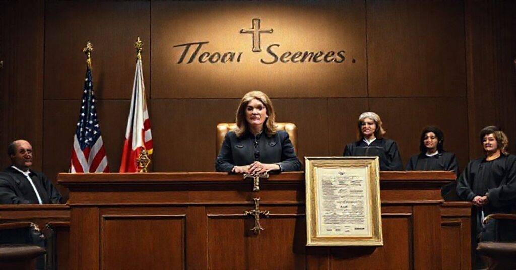 A somber courtroom scene with U.S. Supreme Court justices debating passport regulations under the shadow of natural law and Divine authority.