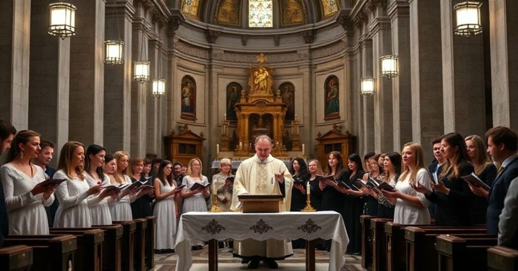 A Swedish choir performs secularized Lucia songs during a Mass in St. Peter's Basilica, exemplifying the desecration of sacred space under the conciliar regime.