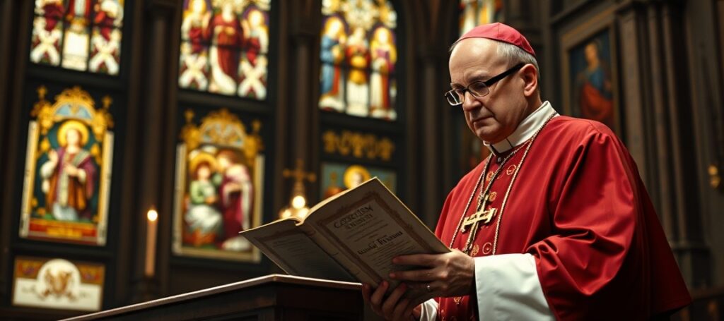 Traditional Catholic bishop holding Catechism in conflict with modernist document in cathedral setting