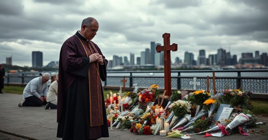 Traditional Catholic priest praying at Sydney attack memorial with faithful Catholics in solemn remembrance.