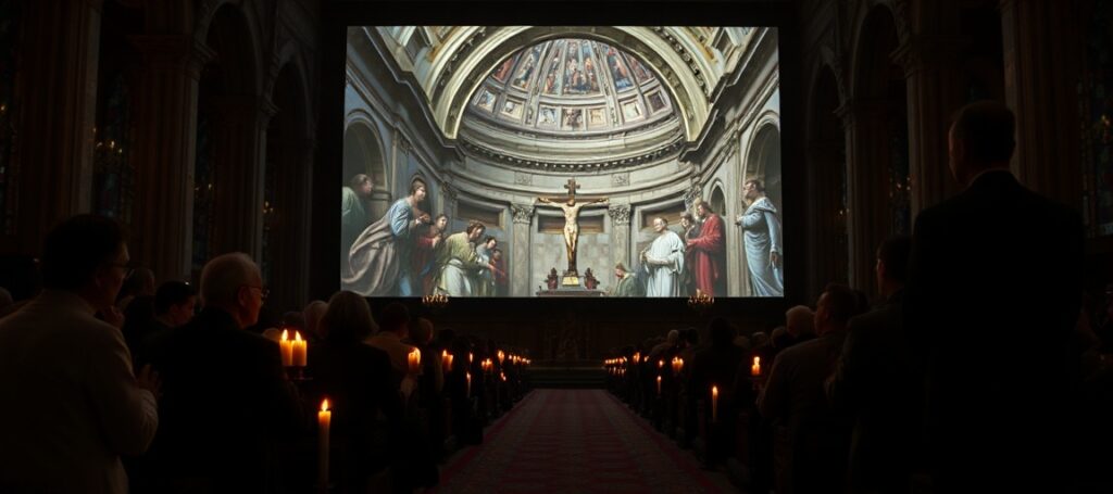 A somber depiction of the Sistine Chapel exhibit in Sydney, contrasting traditional Catholic devotion with modernist spectacle.