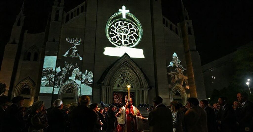 St. Mary's Cathedral in Sydney during an interfaith memorial event featuring a menorah projection and Archbishop Anthony Fisher lighting candles.