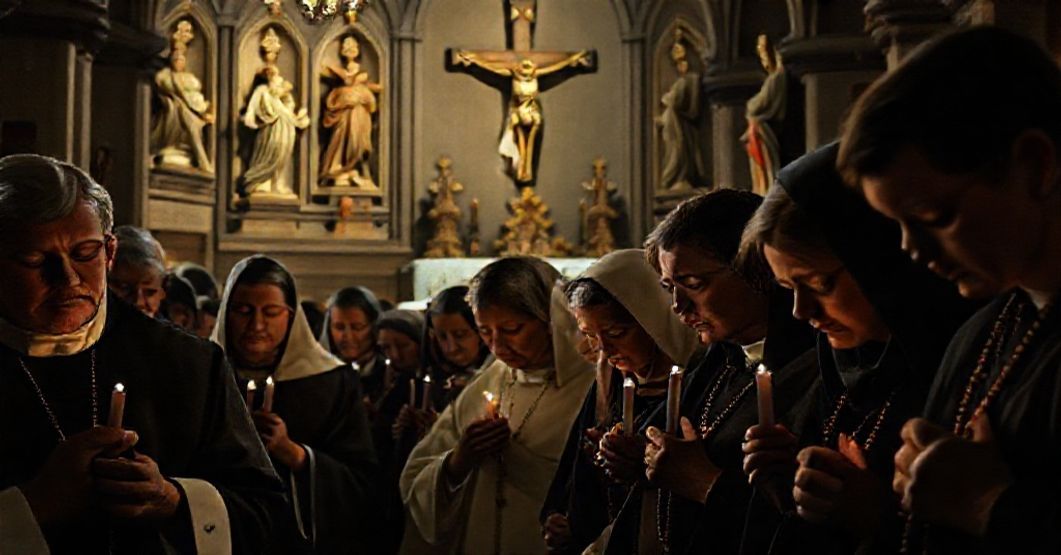 Devout Catholics in prayer in a traditional church setting, reflecting on the Sydney tragedy and the conciliar sect's response.