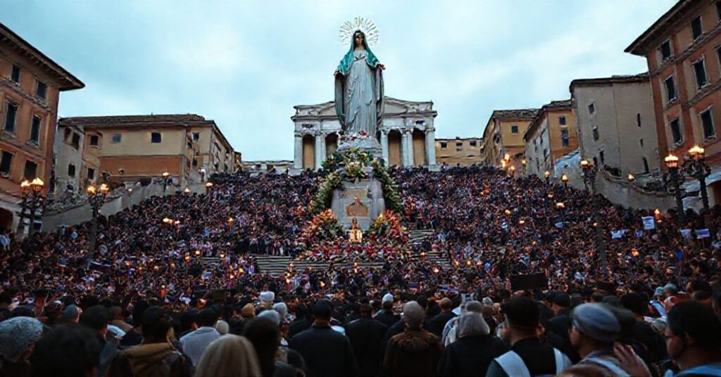 A solemn Catholic scene depicting the Spanish Steps in Rome during a syncretic Marian homage ceremony with a 12-meter statue of the Virgin Mary and ecumenical participants.