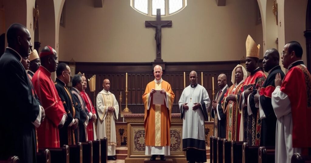 A Catholic church interior in Durban, South Africa, depicting a confrontation between bishops and African priests over syncretism.