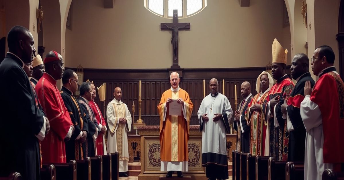 A Catholic church interior in Durban, South Africa, depicting a confrontation between bishops and African priests over syncretism.