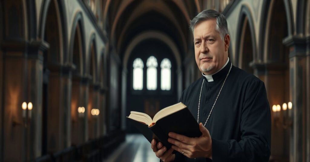 A traditional Catholic clergyman in a chapel holding a Bible, representing the Synod's modernist infiltration of charity.