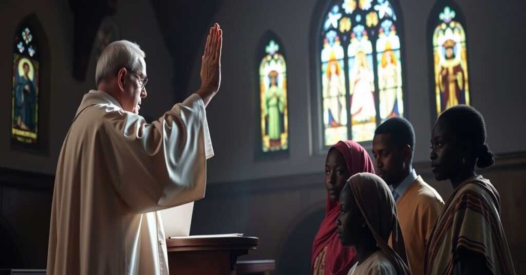 Catholic priest blessing a polygamous African family in a church confessional, highlighting moral conflict and divine law.