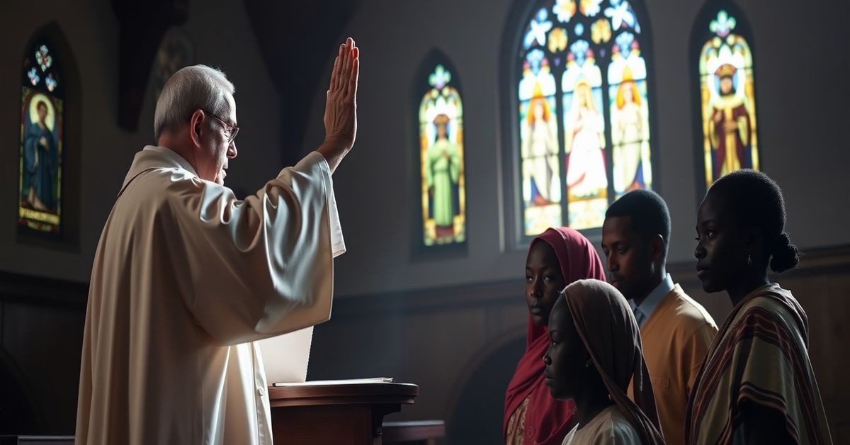 Catholic priest blessing a polygamous African family in a church confessional, highlighting moral conflict and divine law.