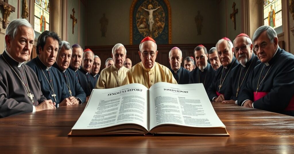 A group of clergy and laity in a Vatican hall discussing the Synod's report on women's roles, reflecting theological conflict and doctrinal concerns