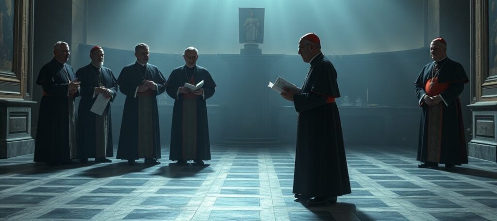 A solemn Vatican hall scene depicting the dissolution of Synod Study Group 9 due to its scandalous report on homosexuality and doctrinal betrayal.