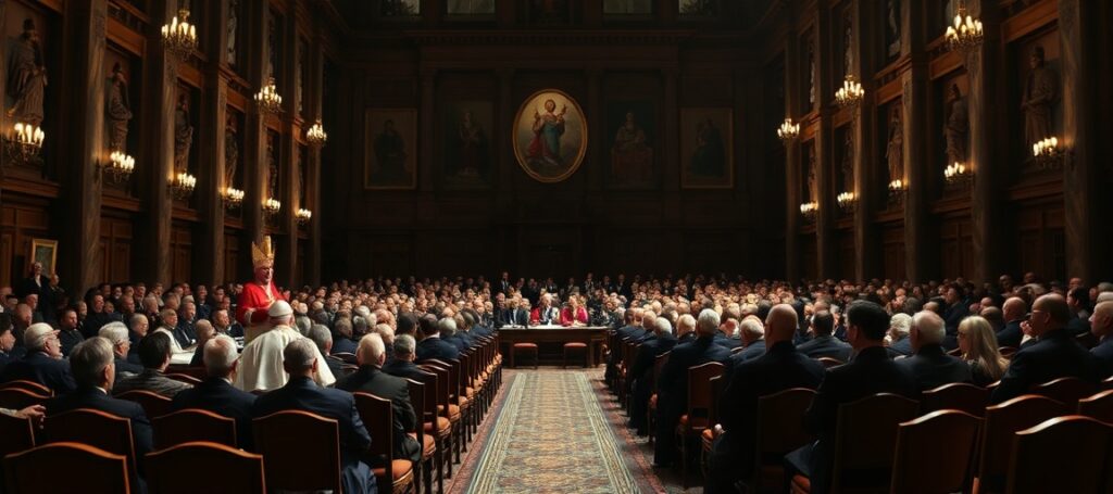 Cardinal Mario Grech leading a synodal assembly with diverse participants in a Vatican hall.