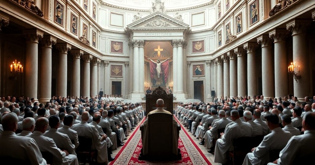 Modernist bishops and antipope Leo XIV engaged in synodal discussions in a Vatican hall under crucifix and candlelight
