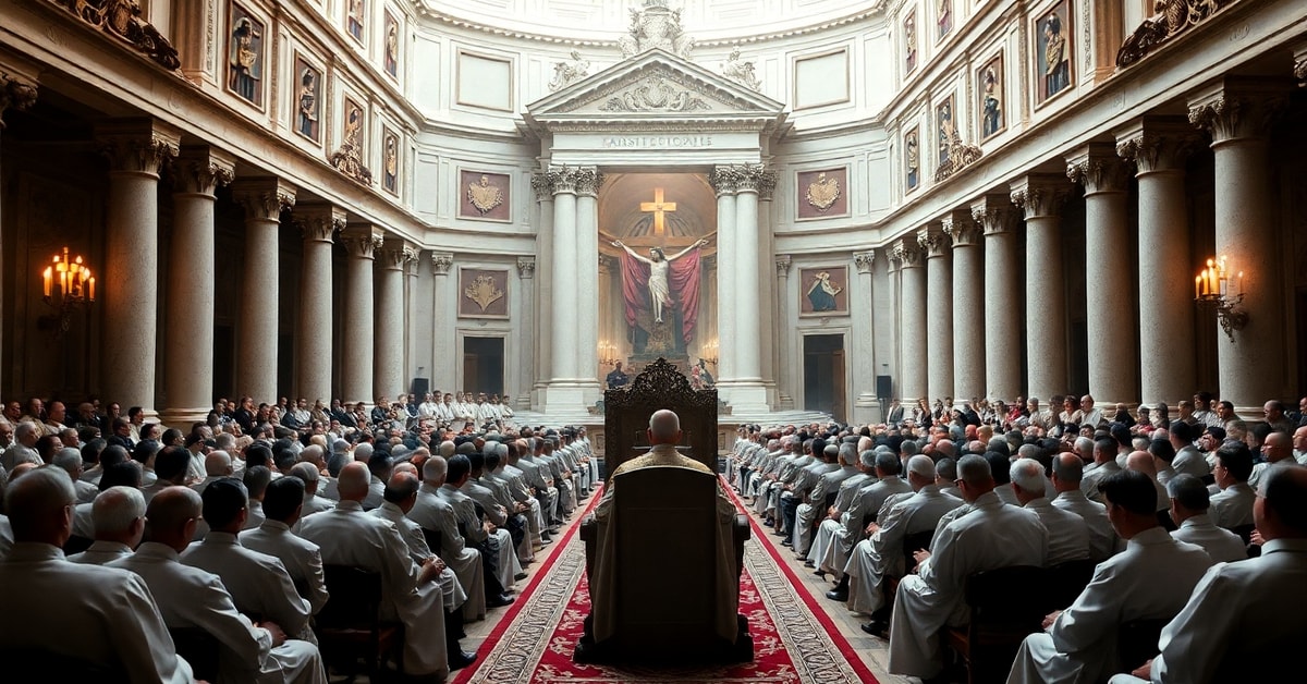 Modernist bishops and antipope Leo XIV engaged in synodal discussions in a Vatican hall under crucifix and candlelight