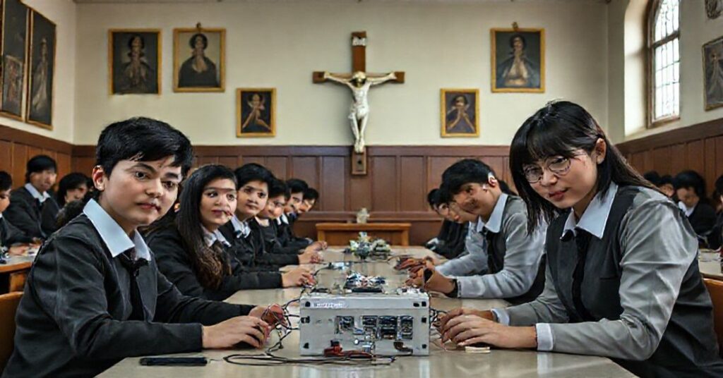 Catholic school classroom with students working on a SafetyPin device amidst traditional religious icons.