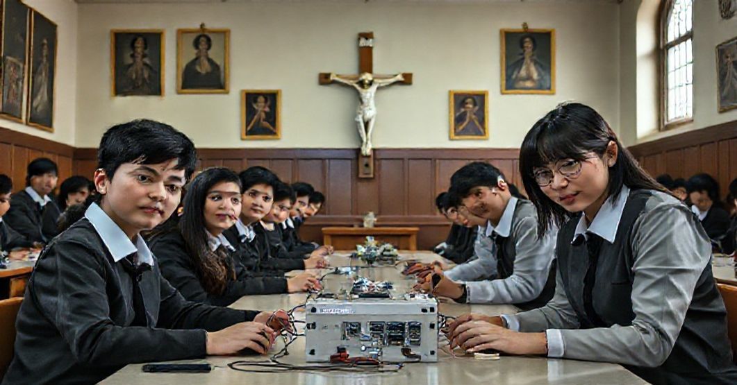 Catholic school classroom with students working on a SafetyPin device amidst traditional religious icons.