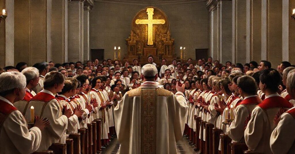 Antipope Leo XIV leading a modernist Mass with a choir in a Vatican chapel, promoting false ecclesial unity and synodality.