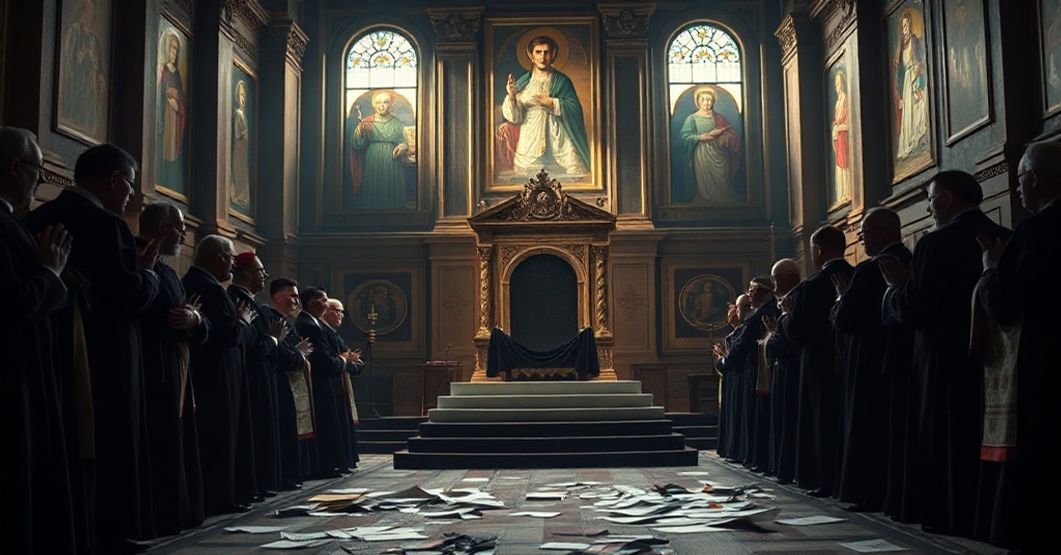 Group of traditional Catholic clergy in prayer before an empty papal throne in a dimly lit Roman church.