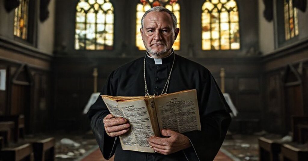 A somber image of a priest before a ruined altar symbolizing the desecration of the sacred by the Synod on Synodality