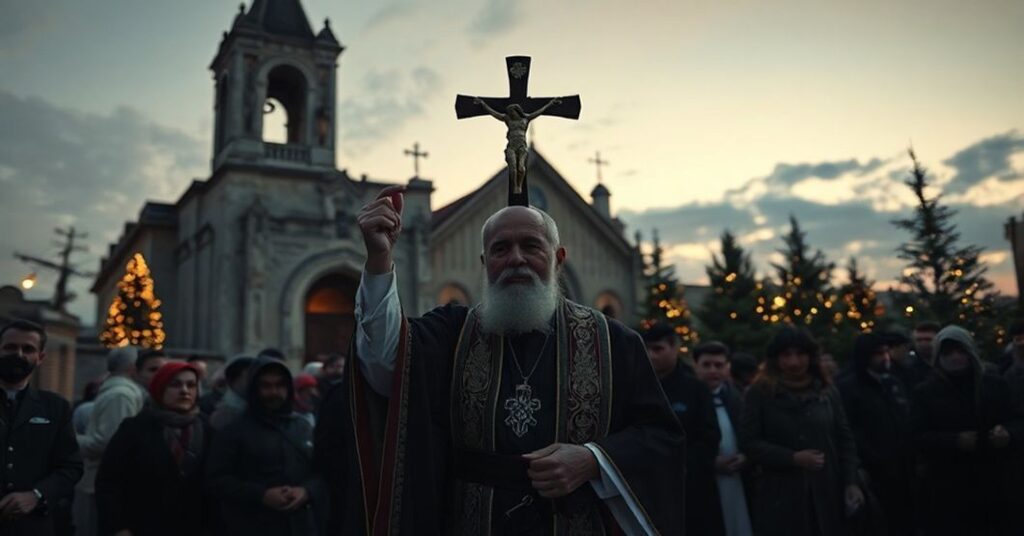 A solemn Catholic priest in traditional vestments stands before a bomb-damaged church in Damascus, Syria, surrounded by mournful faithful.