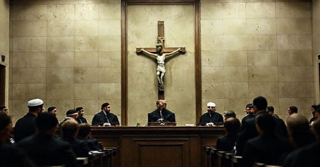 A courtroom in Aleppo, Syria, where 14 defendants stand trial for atrocities against Alawite minorities, symbolizing the void of divine justice and natural law in secular trials.