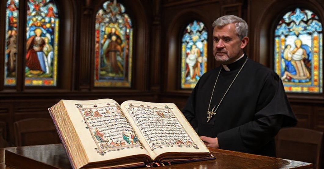 A 13th-century Syriac Gospel manuscript from Qaraqosh displayed in the Vatican Apostolic Library with a solemn priest in traditional attire.