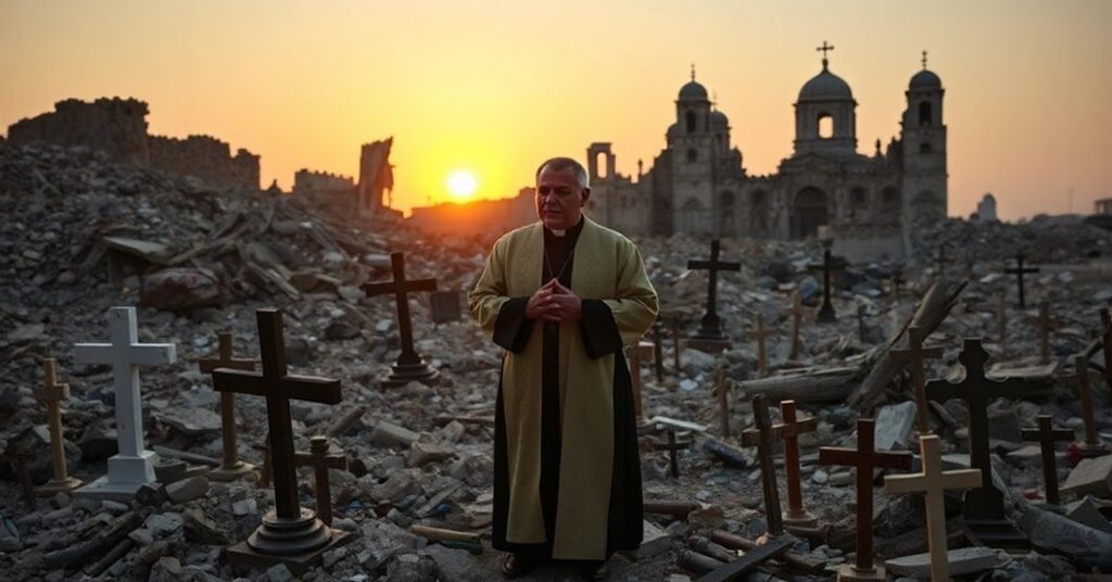 Catholic priest praying in ruins of bombed Syrian church amid Christian persecution under secular rule.