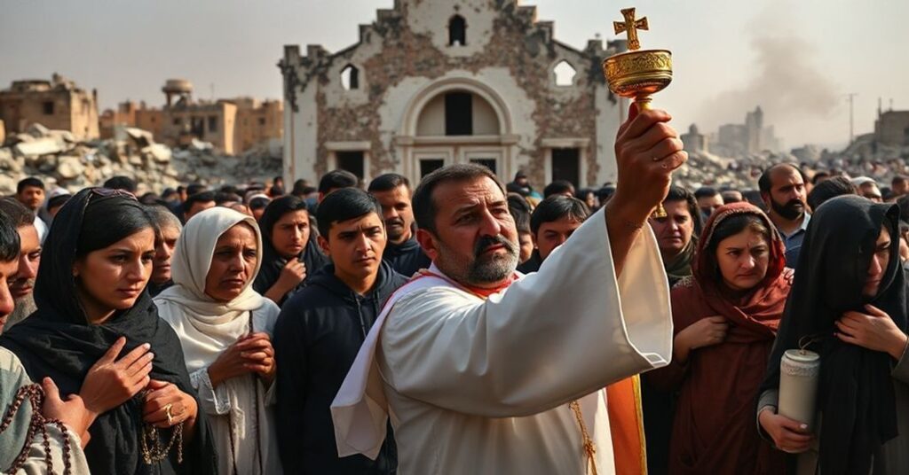 Traditional Catholic faithful pray in front of a bombed church in Syria, embodying martyrdom and Christ the King's reign amidst persecution.