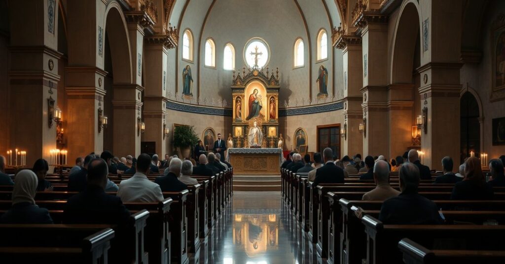 A Syrian Melkite Greek Catholic church interior during Easter, with faithful kneeling in prayer amidst candlelight and icons.
