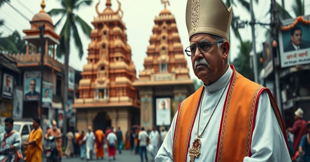 Syro-Malabar bishop in traditional vestments standing solemnly before a Hindu temple in Kerala, India, symbolizing theological conflict.