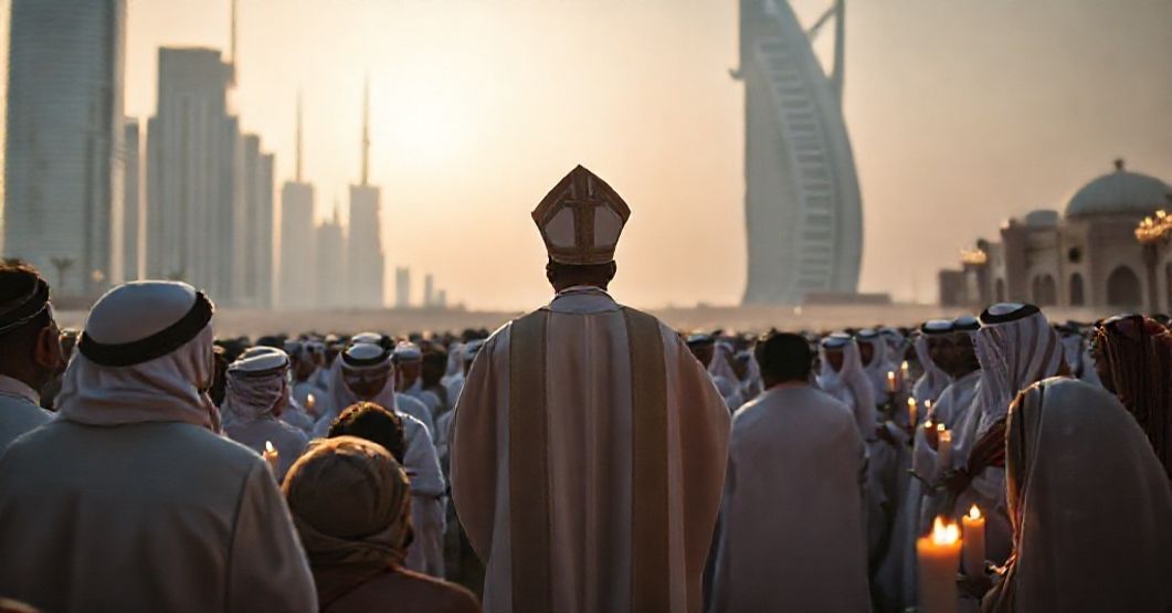 Luis Antonio Tagle presiding over a Novus Ordo Mass in Dubai with a diverse congregation, highlighting the conciliar sect's apostasy and doctrinal deviation from traditional Catholicism.