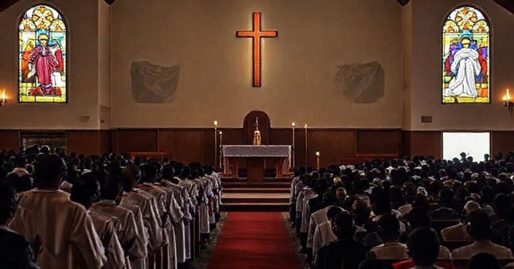Solemn Catholic Mass in Tanzania with empty altar and mourners praying, symbolizing the absence of Christ's true presence.