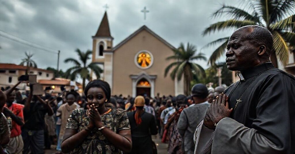 A solemn scene of Tanzanian protestors being violently suppressed by state security forces amid election chaos, with a traditional Catholic church standing as a silent witness.