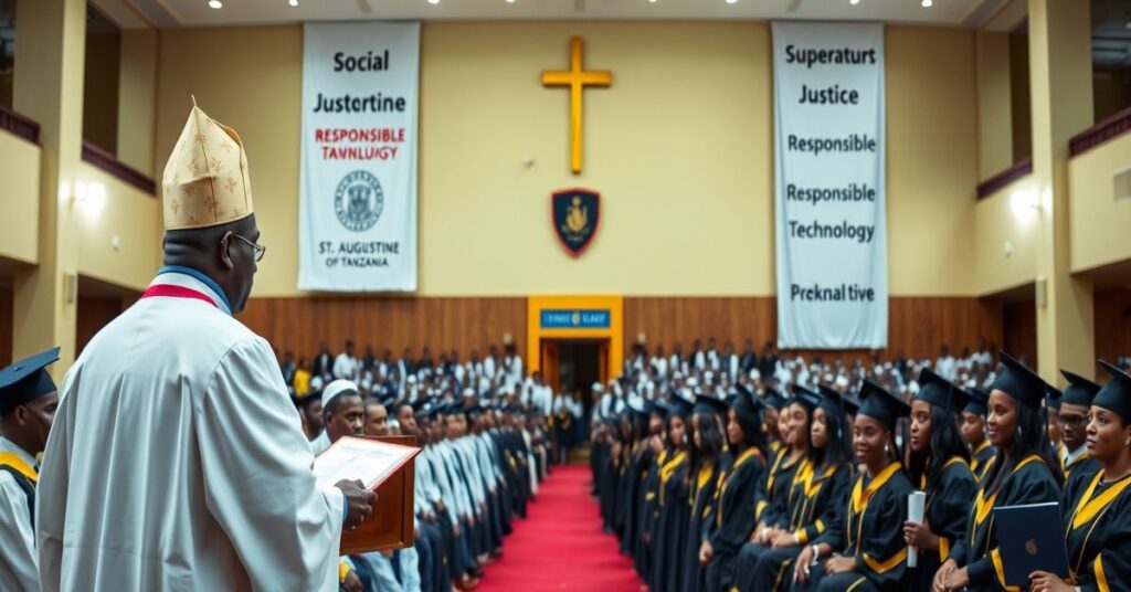 A solemn Catholic graduation ceremony at St. Augustine University of Tanzania, contrasting secular mission with absence of supernatural doctrine