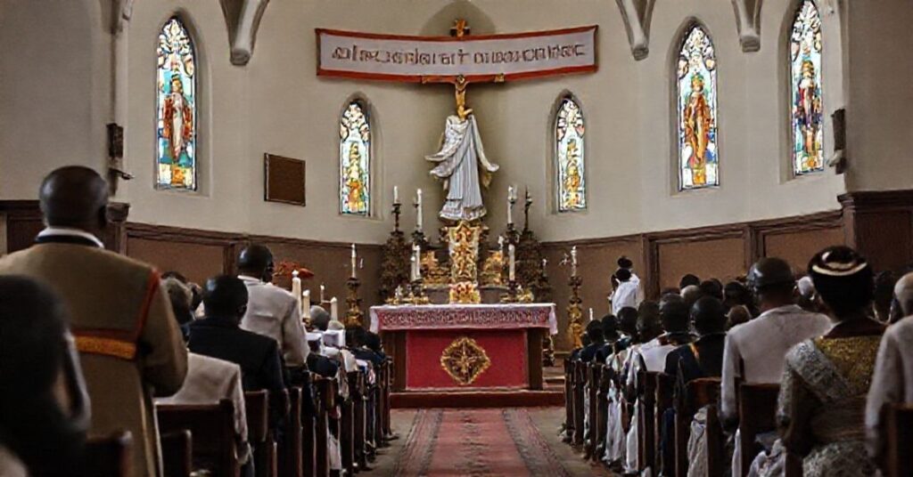 Solemn Catholic Mass in Tanzania emphasizing Christ's Kingship and divine justice.
