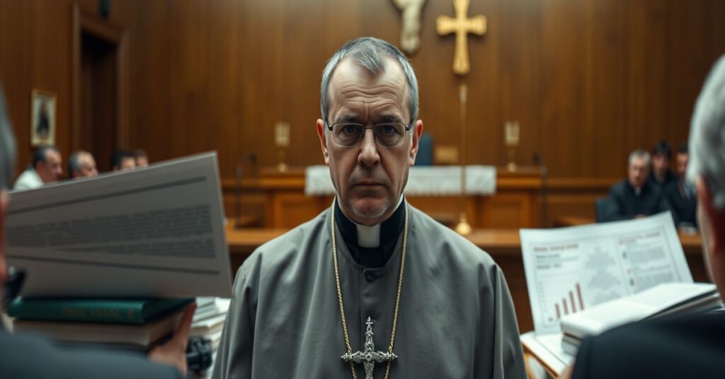 Bishop Andrzej Jeż of Tarnów standing in a Polish courtroom during his abuse trial, symbolizing the spiritual bankruptcy of the Neo-Church.